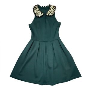 Aqua by Bloomingdales Green Sleeveless Skater Dress w/Embellished Collar Small